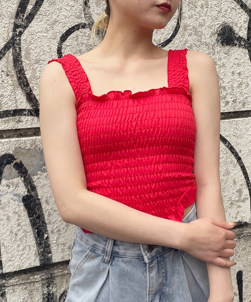 one way（ワンウェイ）の「シャーリングキャミ（タンクトップ・レディース・ピンク/ホワイト/ブラック/グリーン/ブルー/レッド・FREE）」の6枚目の写真