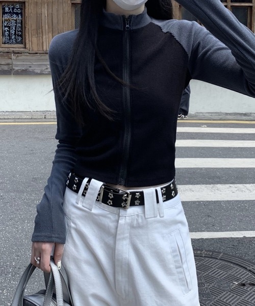 LYEON(リヨン)の「ラグランリブロンT/ジップラグラン配色トップス(Tシャツ/カットソー・レディース・ブラック/オフホワイト・FREE)」の6枚目の写真