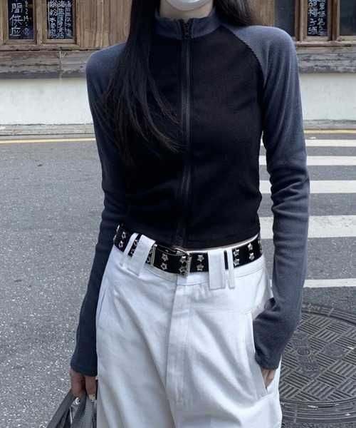LYEON(リヨン)の「ラグランリブロンT/ジップラグラン配色トップス(Tシャツ/カットソー・レディース・ブラック/オフホワイト・FREE)」の7枚目の写真
