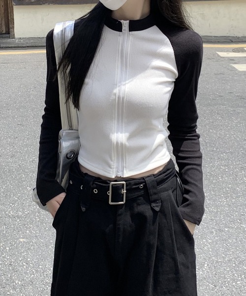 LYEON(リヨン)の「ラグランリブロンT/ジップラグラン配色トップス(Tシャツ/カットソー・レディース・ブラック/オフホワイト・FREE)」の10枚目の写真