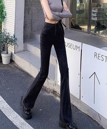 スタイルアップ ストレッチ ブーツカット フレア ハイウエスト デニムパンツ