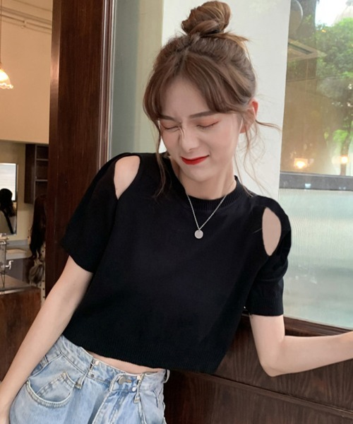 Miniministore(ミニミニストア)の「ショート丈 ニットトップス へそ出し半袖(Tシャツ/カットソー・レディース・ホワイト/ブラック・FREE)」の11枚目の写真