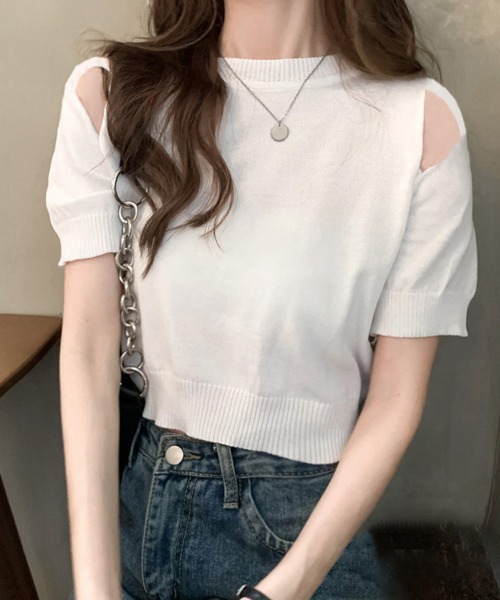 Miniministore(ミニミニストア)の「ショート丈 ニットトップス へそ出し半袖(Tシャツ/カットソー・レディース・ホワイト/ブラック・FREE)」の12枚目の写真