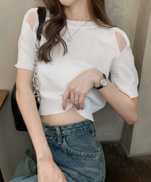 Miniministore(ミニミニストア)の「ショート丈 ニットトップス へそ出し半袖(Tシャツ/カットソー・レディース・ホワイト/ブラック・FREE)」の15枚目の写真