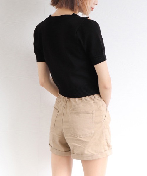 Miniministore(ミニミニストア)の「ショート丈 ニットトップス へそ出し半袖(Tシャツ/カットソー・レディース・ホワイト/ブラック・FREE)」の4枚目の写真
