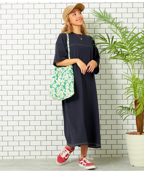 anap mimpi（アナップミンピ）の「ガーゼ裏毛 バック切替 5分袖 スウェット ワンピース（ワンピース・レディース・キナリ/ネイビー・FREE）」の18枚目の写真