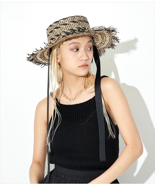 Settimissimo（セッティミッシモ）の「ミックスカラー フリンジ リボン付き ペーパー ハット 帽子（ハット・レディース・ブラック・FREE）」の1枚目の写真