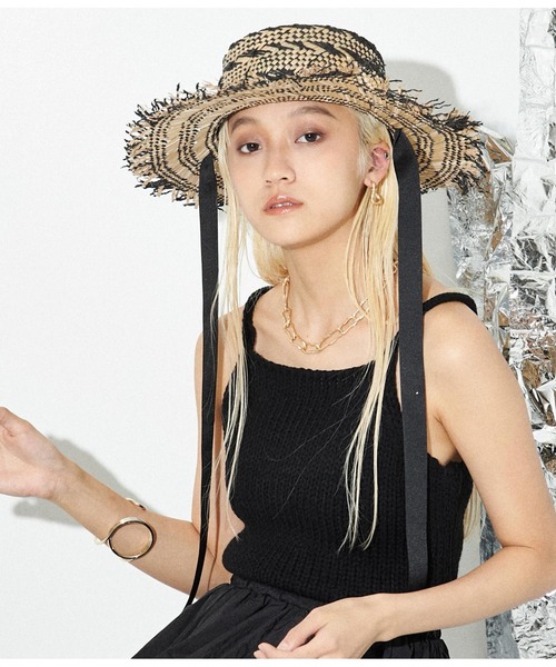 Settimissimo（セッティミッシモ）の「ミックスカラー フリンジ リボン付き ペーパー ハット 帽子（ハット・レディース・ブラック・FREE）」の4枚目の写真