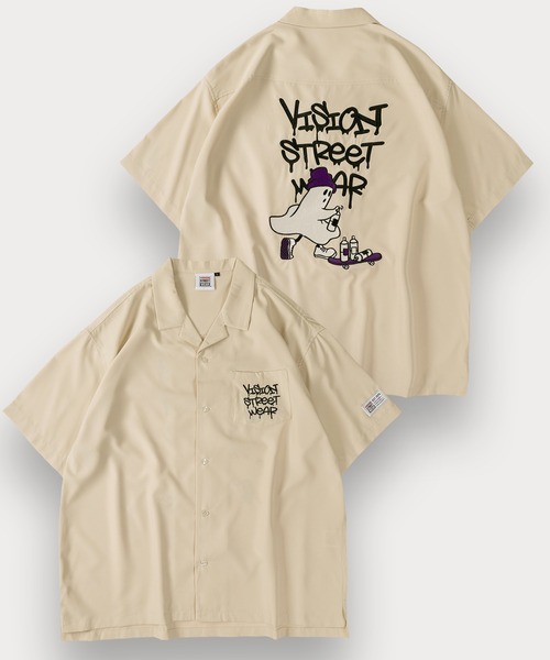 VISION STREET WEAR(ヴィジョンストリートウェア)の「【0】【VISION STREET WEAR/ヴィジョンストリートウェア】ゴーストスケーター&グラフィックデザイン オープンカラー 刺繍デザイン 半袖シャツ オーバーサイス(シャツ/ブラウス・メンズ・ブラック系その他/アイボリー/オフホワイト/サックスブルー/ブラック・L/XL/M)」の1枚目の写真