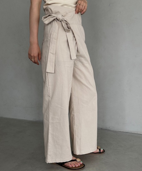 リネン ラップパンツ ワイド リネン混・ラップ風ワイドパンツ/40代50代からのレディース