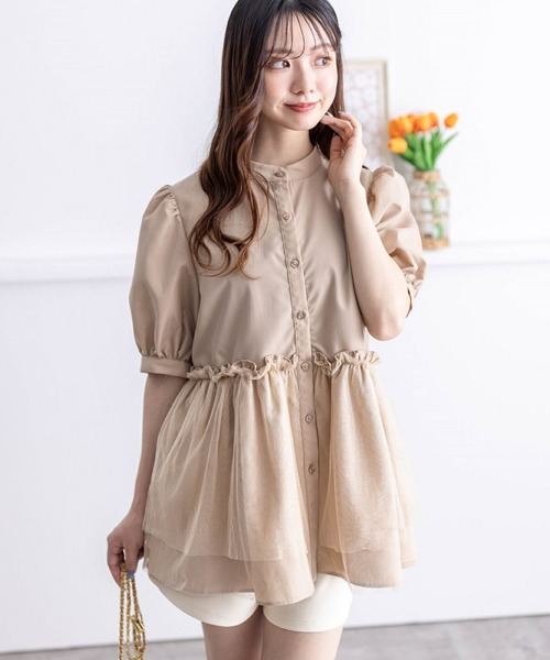 clear（クリア）の「チュールドッキングペプラムブラウス［オフィスカジュアル 着回し抜群 大人］≪再入荷≫（シャツ/ブラウス・レディース・ブラック/オフホワイト/ベージュ・F）」の5枚目の写真