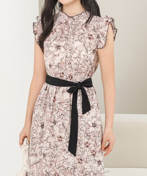 Lace Ladies フリルカラーノースリーブ花柄ワンピース ピンク FREE セール】フリルカラー ノースリーブ 花柄 ギャザー ワンピース
