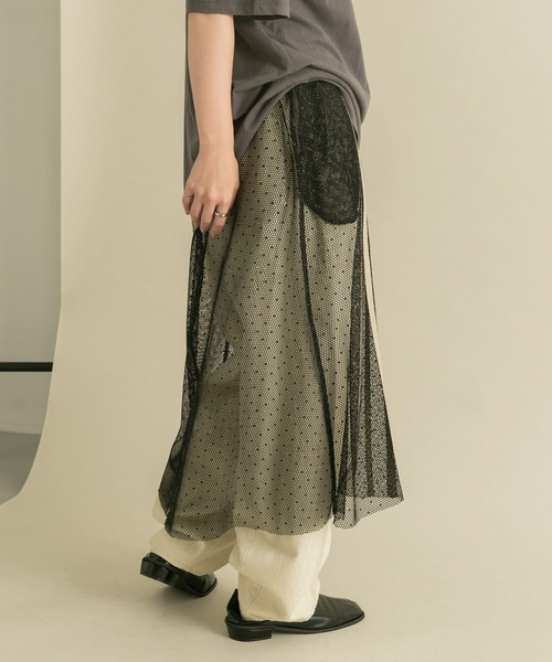 KBF（ケイビーエフ）の「メッシュラインレイヤードスカート（スカート・レディース・ブラック/オフホワイト・ONE）」の6枚目の写真