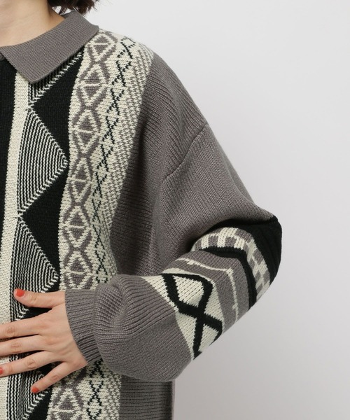 セール】ヴィンテージ柄襟ZIPニットプルオーバー（ニット