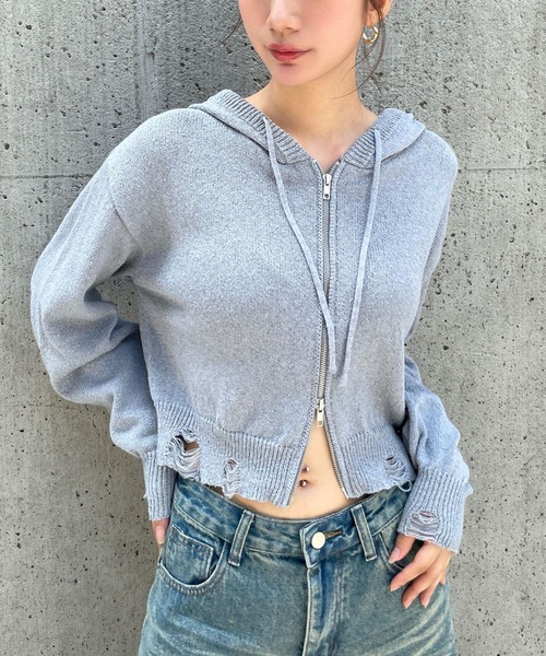 3.3 Field Trip （3.3フィールドトリップ）の「【新色登場】3.3 Field Trip／ダブルジップダメージニット（ニット/セーター・レディース・グレー/ホワイト/ネイビー/ブラウン/アイボリー/ライトグレー/ピンク/その他1/その他2/ブラック/レッド/チャコールグレー/ブラック系その他/レッド系その他・FREE）」の14枚目の写真