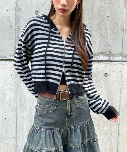 3.3 Field Trip （3.3フィールドトリップ）の「【新色登場】3.3 Field Trip／ダブルジップダメージニット（ニット/セーター・レディース・グレー/ホワイト/ネイビー/ブラウン/アイボリー/ライトグレー/ピンク/その他1/その他2/ブラック/レッド/チャコールグレー/ブラック系その他/レッド系その他・FREE）」の4枚目の写真