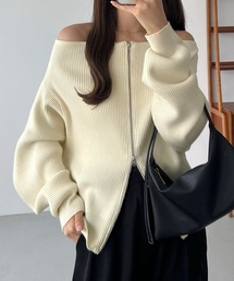 Wジップオフショルニット