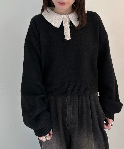 apres jour mignon（アプレジュールミニョン）の「ポロニット【ZOZOTOWN限定アイテム】（ニット/セーター・レディース・アイボリー/カーキ/ブラック/レッド/オレンジ/ベージュ/ピンク/ブラック系その他・フリー/X-LARGE）」の4枚目の写真