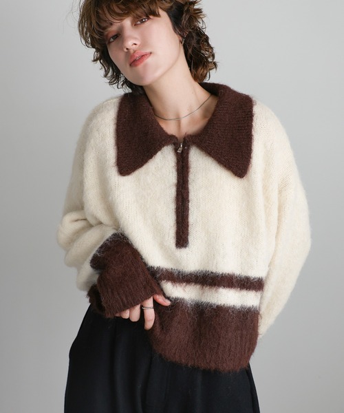 select MOCA(セレクトモカ)の「アルパカタッチハーフジップ配色ニット(ニット/セーター・レディース・グレー/チャコールグレー/ブラウン・FREE)」の3枚目の写真
