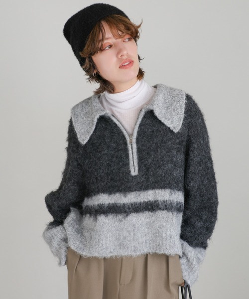 ニット セーター アルパカタッチハーフジップ配色ニット レディース select MOCA ニット セーター アルパカタッチハーフジップ配色