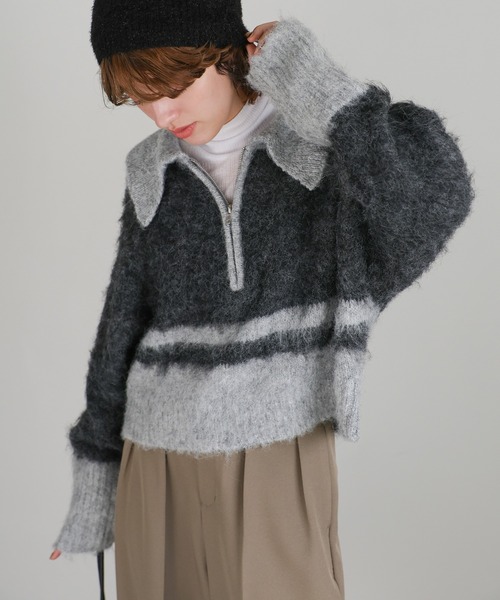 セール】アルパカタッチハーフジップ配色ニット（ニット/セーター