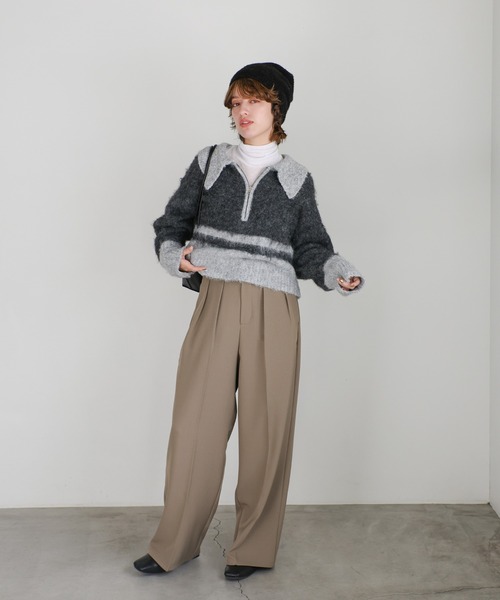 ニット セーター アルパカタッチハーフジップ配色ニット レディース select MOCA ニット セーター アルパカタッチハーフジップ配色