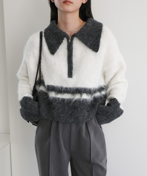select MOCA(セレクトモカ)の「アルパカタッチハーフジップ配色ニット(ニット/セーター・レディース・グレー/チャコールグレー/ブラウン・FREE)」の8枚目の写真
