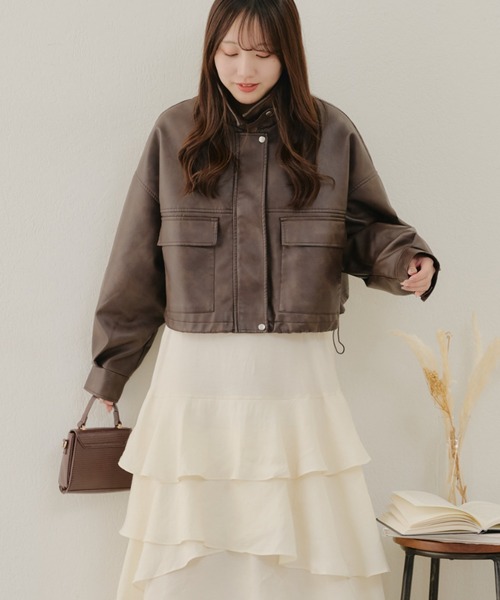 Remind me and forever（リマインドミーアンドフォーエバー）の「【ヴィンテージ加工で溢れるトレンド感！】ショート丈合皮ブルゾン（ライダースジャケット・レディース・グレー/アイボリー/ブラック/ブラウン・FREE）」の18枚目の写真