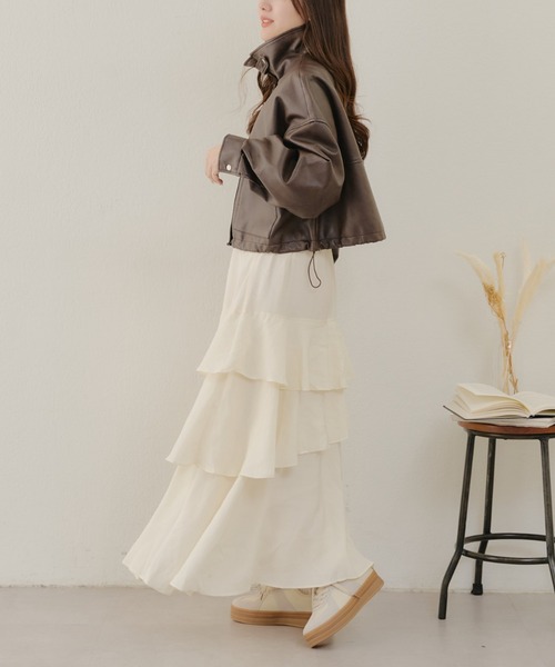 Remind me and forever（リマインドミーアンドフォーエバー）の「【ヴィンテージ加工で溢れるトレンド感！】ショート丈合皮ブルゾン（ライダースジャケット・レディース・グレー/アイボリー/ブラック/ブラウン・FREE）」の20枚目の写真