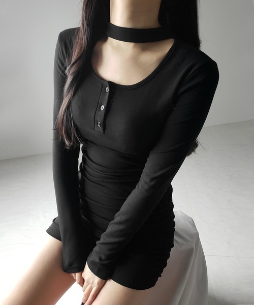 me+em select(ミームセレクト)の「※※【 3color / 裏起毛 】チョーカーネックシャーリングミニワンピース / choker neck shirring mini onepiece(ワンピース・レディース・グレー/ブラック/アイボリー・FREE)」の20枚目の写真