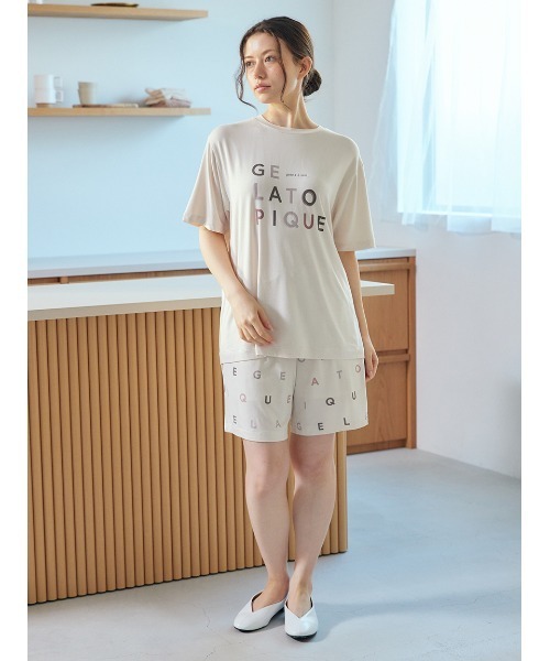 【即日発送】ルームウェア　gelatopiqué 半袖半ズボン セール】【接触冷感】レーヨンロゴ柄ショートパンツ（ルーム