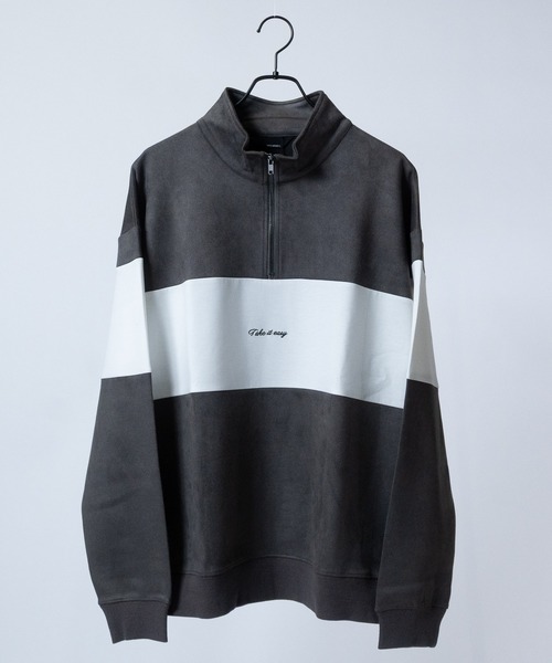 Naive magic（ナイーブマジック）の「【a】カットスウェード 異素材パネル切替 フロント刺繍 ハーフジップ（スウェット・メンズ・ライトグレー/ブルー/チャコールグレー/ミント・LARGE/MEDIUM）」の2枚目の写真