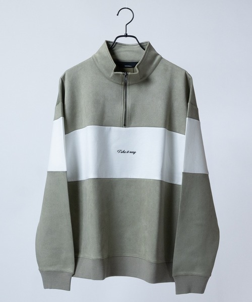 Naive magic（ナイーブマジック）の「【a】カットスウェード 異素材パネル切替 フロント刺繍 ハーフジップ（スウェット・メンズ・ライトグレー/ブルー/チャコールグレー/ミント・LARGE/MEDIUM）」の4枚目の写真