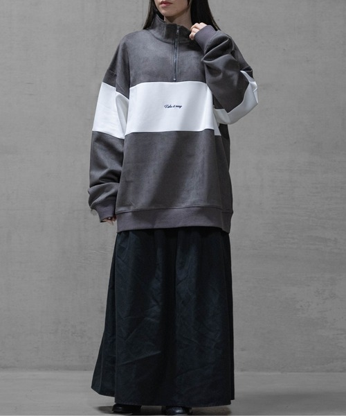 Naive magic（ナイーブマジック）の「【a】カットスウェード 異素材パネル切替 フロント刺繍 ハーフジップ（スウェット・メンズ・ライトグレー/ブルー/チャコールグレー/ミント・LARGE/MEDIUM）」の9枚目の写真