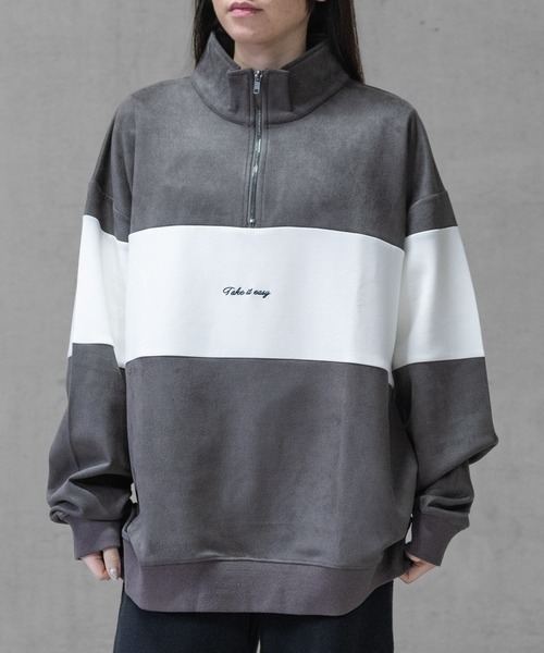 Naive magic（ナイーブマジック）の「【a】カットスウェード 異素材パネル切替 フロント刺繍 ハーフジップ（スウェット・メンズ・ライトグレー/ブルー/チャコールグレー/ミント・LARGE/MEDIUM）」の6枚目の写真