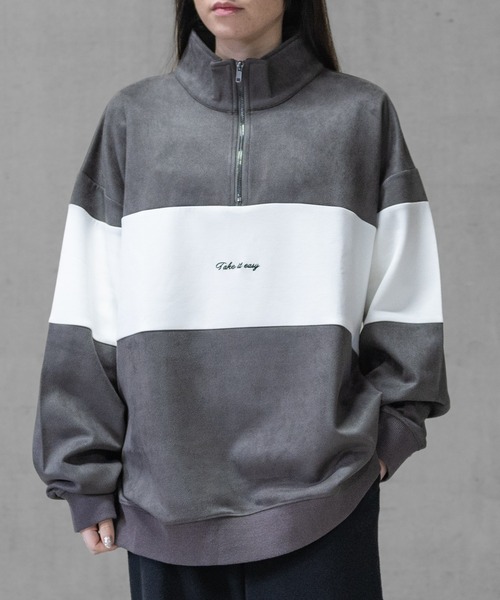 Naive magic（ナイーブマジック）の「【a】カットスウェード 異素材パネル切替 フロント刺繍 ハーフジップ（スウェット・メンズ・ライトグレー/ブルー/チャコールグレー/ミント・LARGE/MEDIUM）」の5枚目の写真