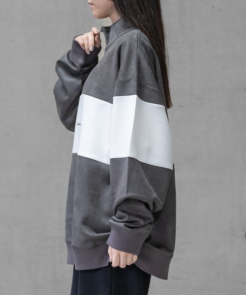 Naive magic（ナイーブマジック）の「【a】カットスウェード 異素材パネル切替 フロント刺繍 ハーフジップ（スウェット・メンズ・ライトグレー/ブルー/チャコールグレー/ミント・LARGE/MEDIUM）」の7枚目の写真