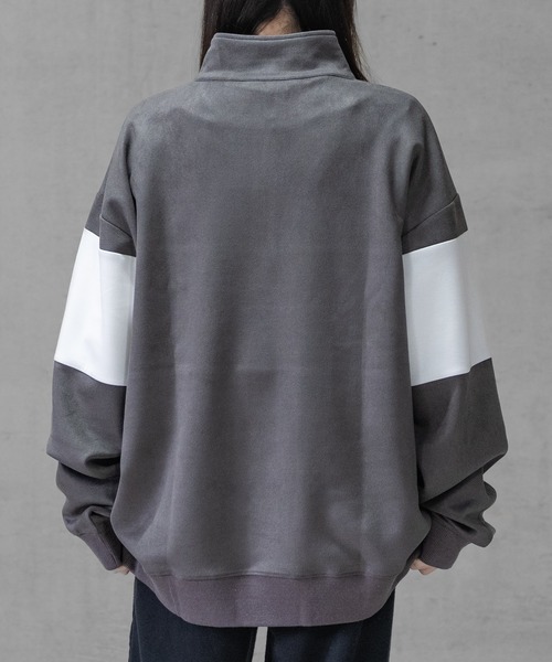 Naive magic（ナイーブマジック）の「【a】カットスウェード 異素材パネル切替 フロント刺繍 ハーフジップ（スウェット・メンズ・ライトグレー/ブルー/チャコールグレー/ミント・LARGE/MEDIUM）」の8枚目の写真