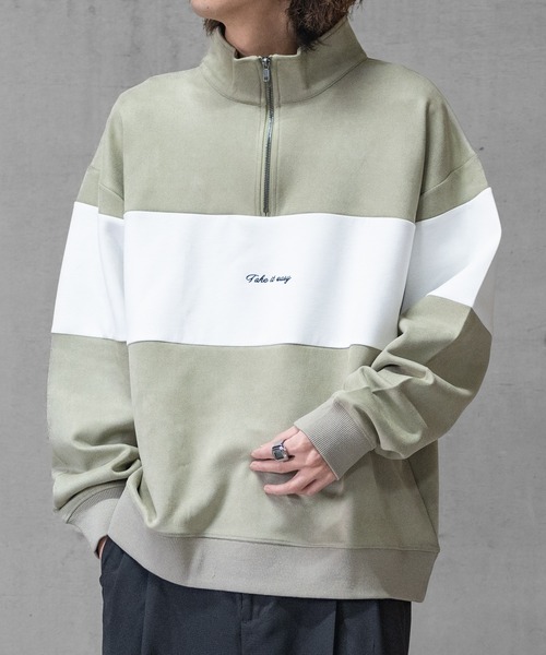 Naive magic（ナイーブマジック）の「【a】カットスウェード 異素材パネル切替 フロント刺繍 ハーフジップ（スウェット・メンズ・ライトグレー/ブルー/チャコールグレー/ミント・LARGE/MEDIUM）」の17枚目の写真