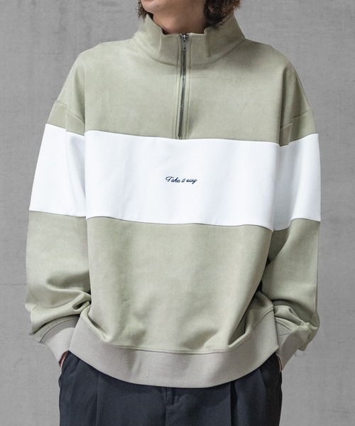 Naive magic（ナイーブマジック）の「【a】カットスウェード 異素材パネル切替 フロント刺繍 ハーフジップ（スウェット・メンズ・ライトグレー/ブルー/チャコールグレー/ミント・LARGE/MEDIUM）」の18枚目の写真