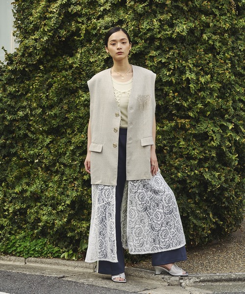 【OKIRAKU×ROSE BUD】LACE BB BLOUSON Rosebud ROSE BUD Stained Collar Jacket Padded Mid-length Zip