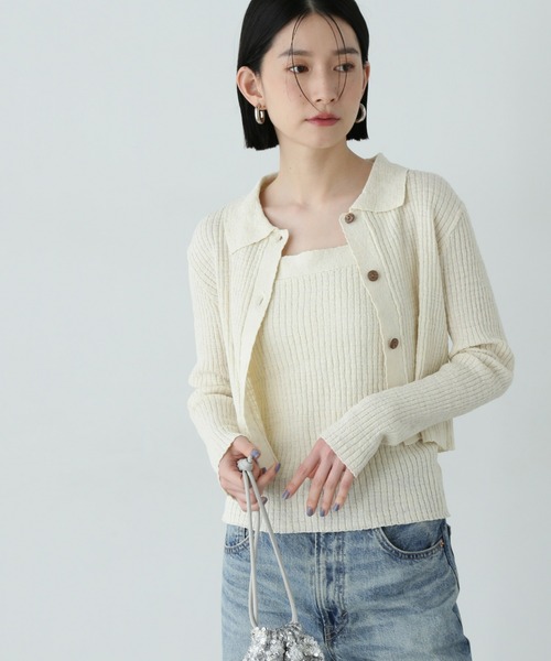 N.（N. Natural Beauty Basic）（エヌエヌナチュラルビューティーベーシック）の「襟付きカーディガン＆キャミセット（アンサンブル・レディース・オフホワイト/ブラウン/ピンク・MEDIUM）」の2枚目の写真