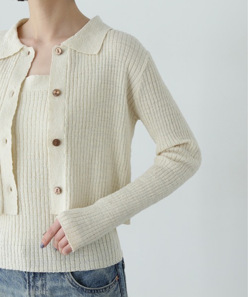 N.（N. Natural Beauty Basic）（エヌエヌナチュラルビューティーベーシック）の「襟付きカーディガン＆キャミセット（アンサンブル・レディース・オフホワイト/ブラウン/ピンク・MEDIUM）」の8枚目の写真