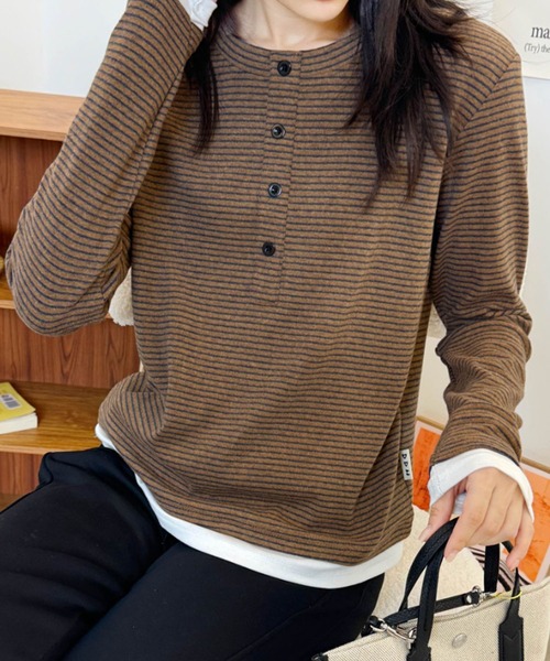 aimoha（アイモハ）の「ヘンリーネックボーダー長袖Tシャツ（Tシャツ/カットソー・レディース・ブラック/ベージュ/チョコ/ワインレッド・FREE）」の3枚目の写真