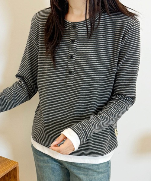 aimoha（アイモハ）の「ヘンリーネックボーダー長袖Tシャツ（Tシャツ/カットソー・レディース・ブラック/ベージュ/チョコ/ワインレッド・FREE）」の2枚目の写真