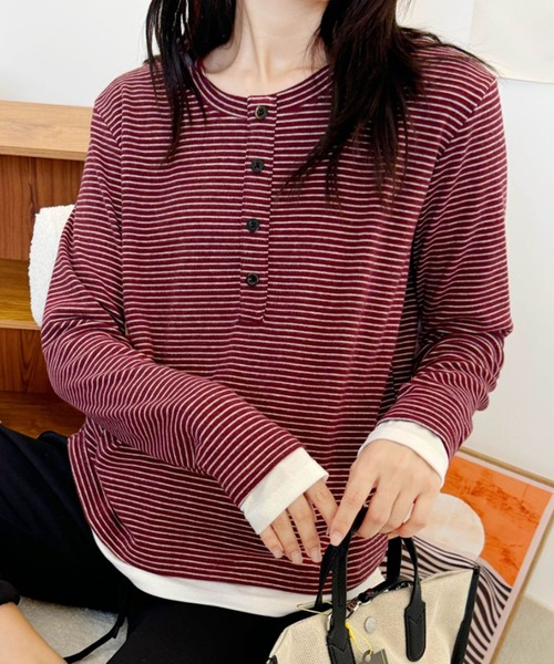 aimoha（アイモハ）の「ヘンリーネックボーダー長袖Tシャツ（Tシャツ/カットソー・レディース・ブラック/ベージュ/チョコ/ワインレッド・FREE）」の16枚目の写真