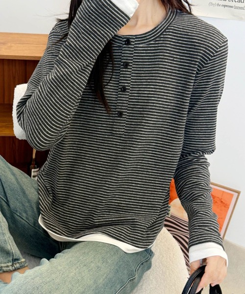 aimoha（アイモハ）の「ヘンリーネックボーダー長袖Tシャツ（Tシャツ/カットソー・レディース・ブラック/ベージュ/チョコ/ワインレッド・FREE）」の7枚目の写真