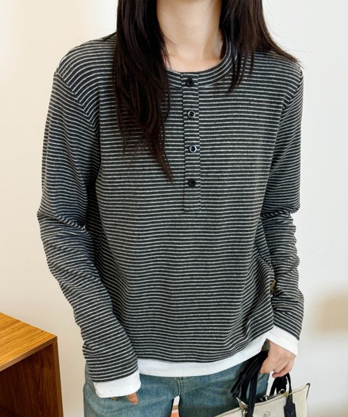 aimoha（アイモハ）の「ヘンリーネックボーダー長袖Tシャツ（Tシャツ/カットソー・レディース・ブラック/ベージュ/チョコ/ワインレッド・FREE）」の8枚目の写真