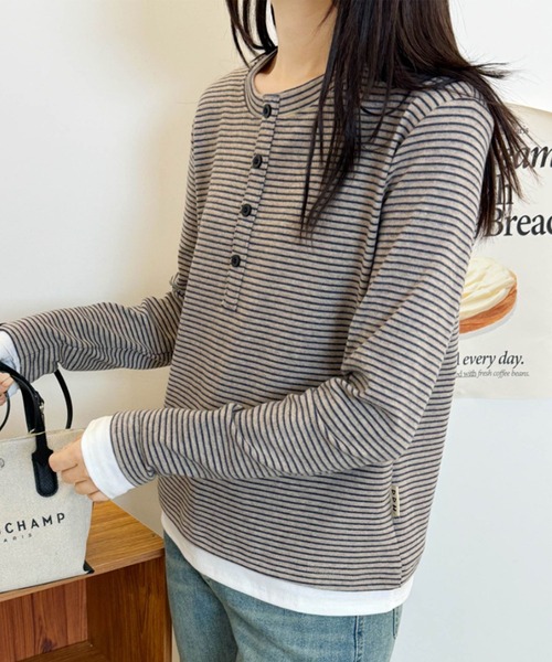 aimoha（アイモハ）の「ヘンリーネックボーダー長袖Tシャツ（Tシャツ/カットソー・レディース・ブラック/ベージュ/チョコ/ワインレッド・FREE）」の12枚目の写真