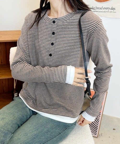 aimoha（アイモハ）の「ヘンリーネックボーダー長袖Tシャツ（Tシャツ/カットソー・レディース・ブラック/ベージュ/チョコ/ワインレッド・FREE）」の14枚目の写真